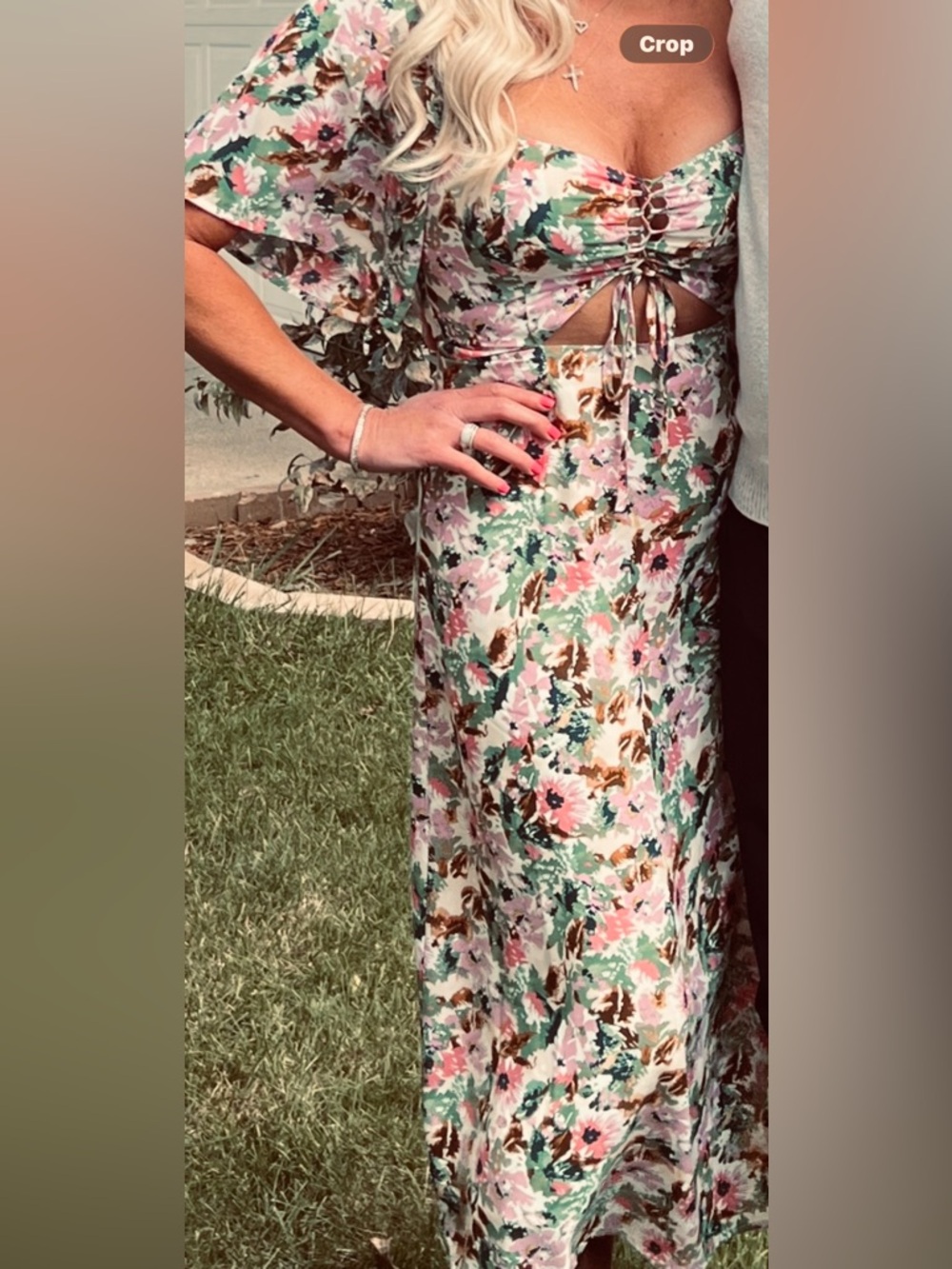 Astr Tie-Front Cut Out Floral Maxi Dress in Pink, Green & Cream M